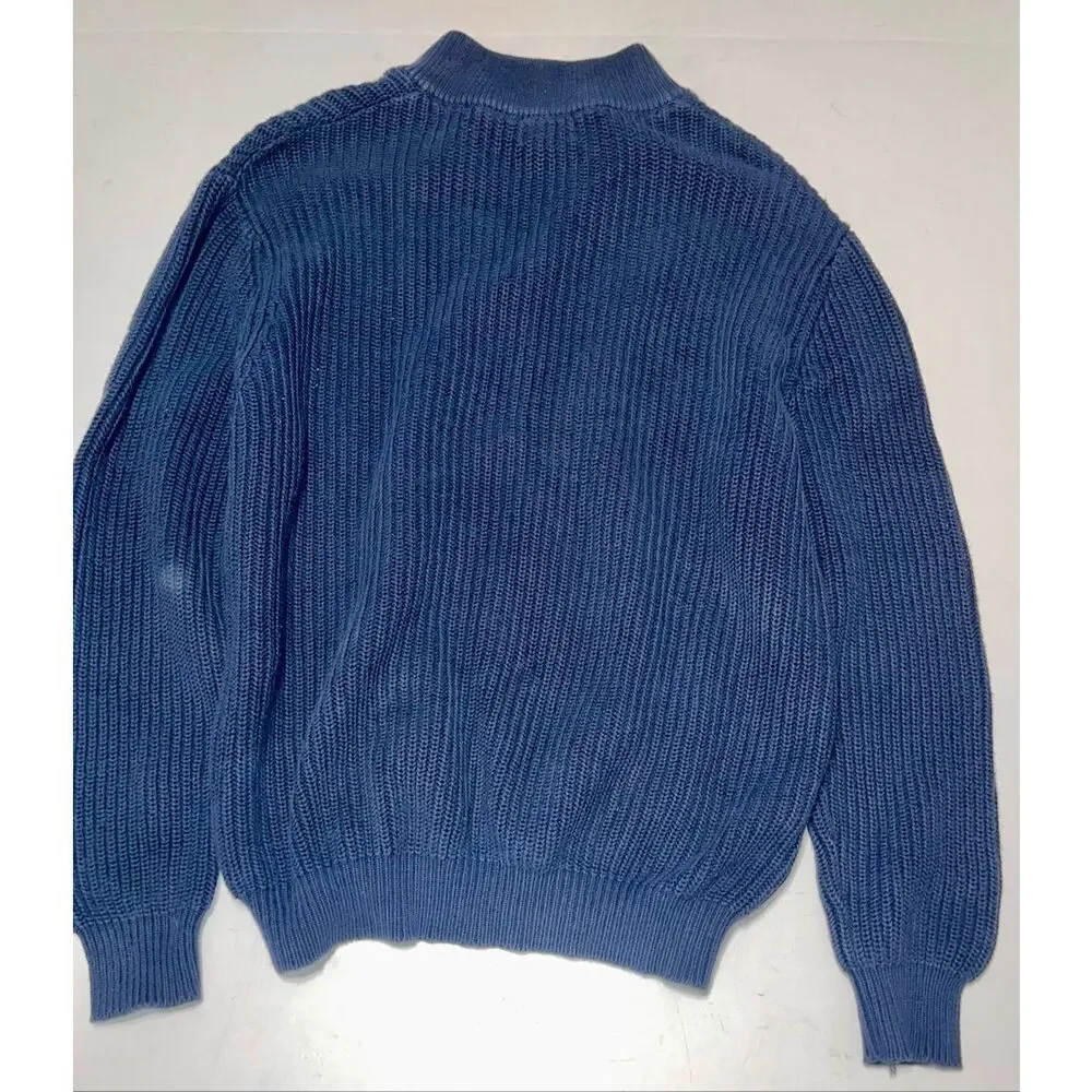 VTG LL Bean Cotton Cableknit Sweater Navy Ecru‎ Leather Buttons Men's L